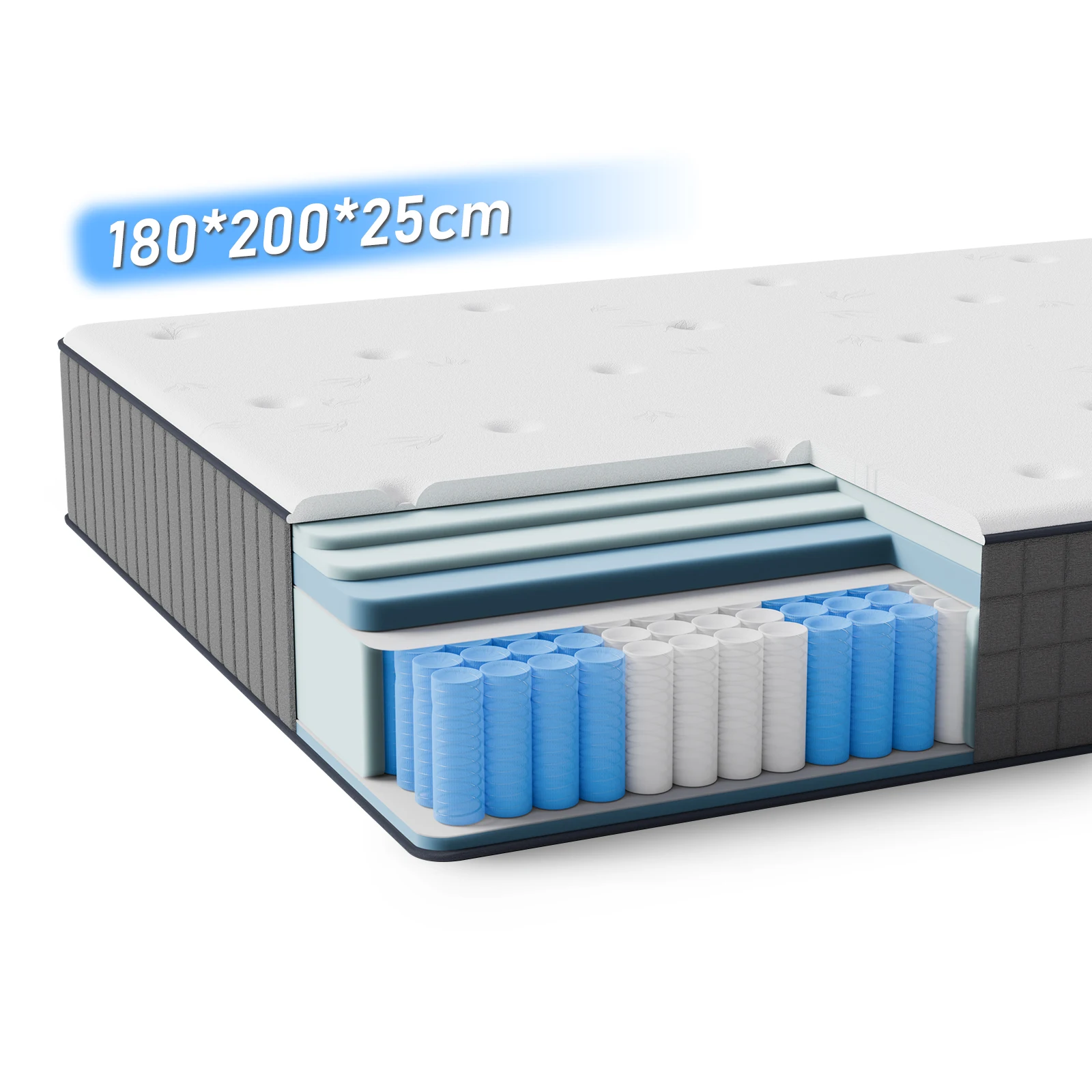 Matelas à ressorts ensachés 180 × 200 × 25cm H3 - 7 zones avec mousse de diatomée et support orthopédique