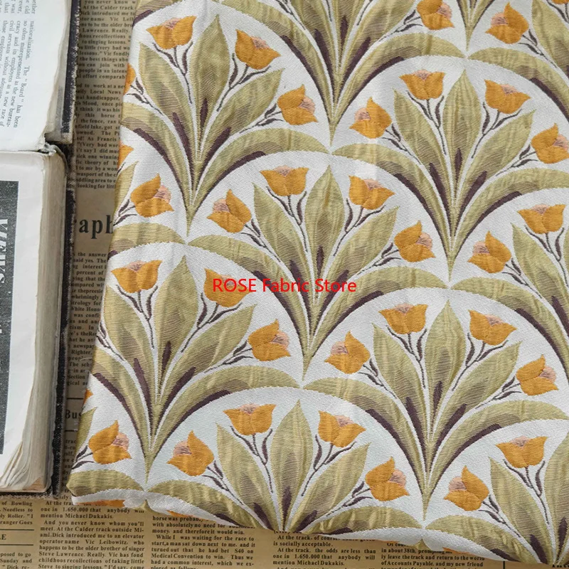 Tela Jacquard teñida con hilo con patrón de tulipán de 1 metro, estilo de pintura al óleo para otoño e invierno, tela suave para hacer vestidos para mujer