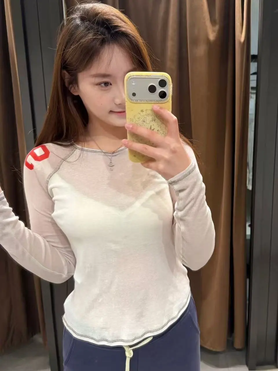 Spring Summer New Arrival Transparent Spicy Girl Long Sleeve round Neck Digital Print Patchwork T-Shirt Women's Fashion Citywalk