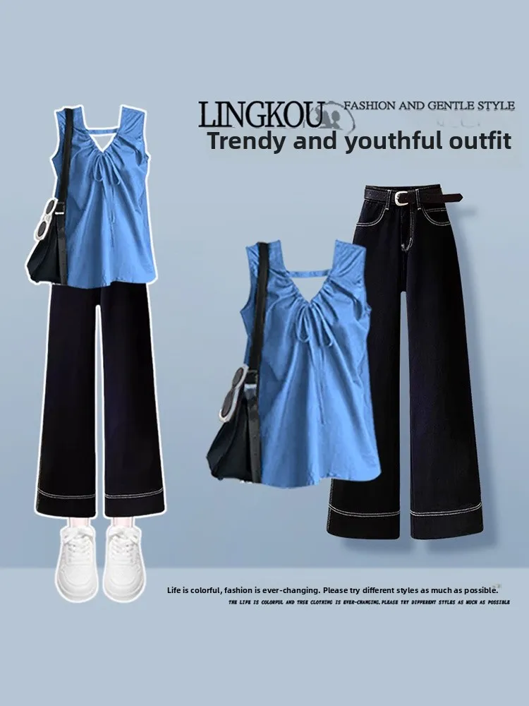 

Summer Casual Style Women's Two-Piece Set Light Maturity Denim Straight Leg Jeans Vest Top Short Sleeve V-Neck T-Shirt