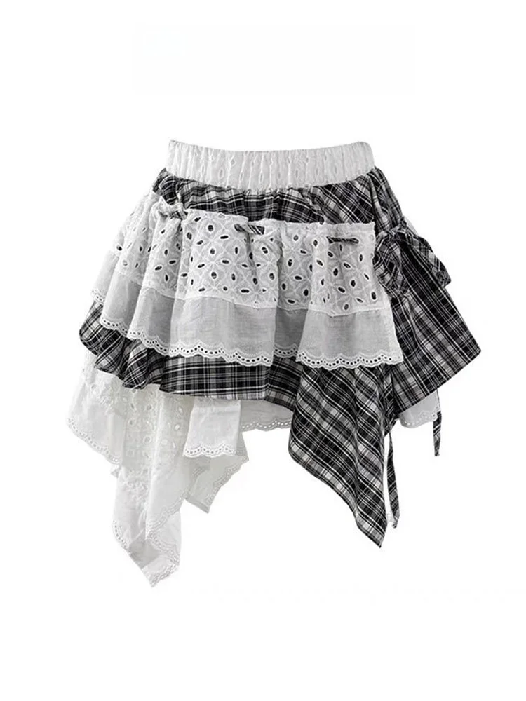 Y2K Spicy Girl Lace Patchwork Plaid  Skirt Women's Autumn Irregular Cake Short Design A-Line Fluffy Skirt High Waist
