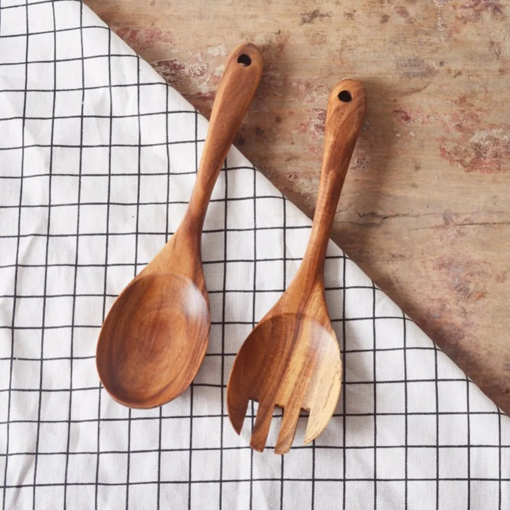 2Pcs Acacia Wood Salad Servers 10.5 Inch Portable Salad Tongs Polished Flatware Spoon and Fork Set Serving Utensils