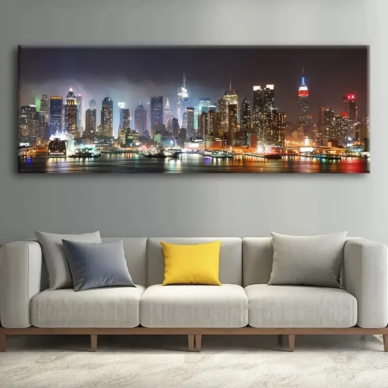 New York Manhattan Night Skyline Brooklyn Bridge Panorama Landscape Poster Canvas Painting Wall Art Pictures Home Interior Decor