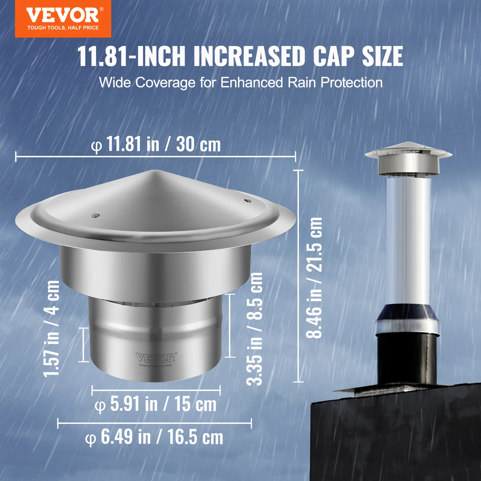 VEVOR Chimney Cap 6 inch 304 Stainless Steel Round Roof Rain Cap 11.81-inch Increased Caps for Insulation Vent Cover Outside