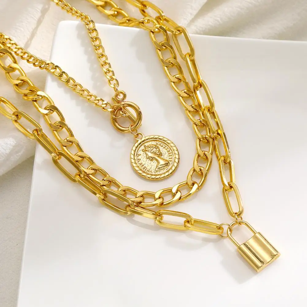 Triple Layer Necklace Exaggerated Hip Hop Style Women's Necklace Set with Golden Color Luster Polished Thick for Performance