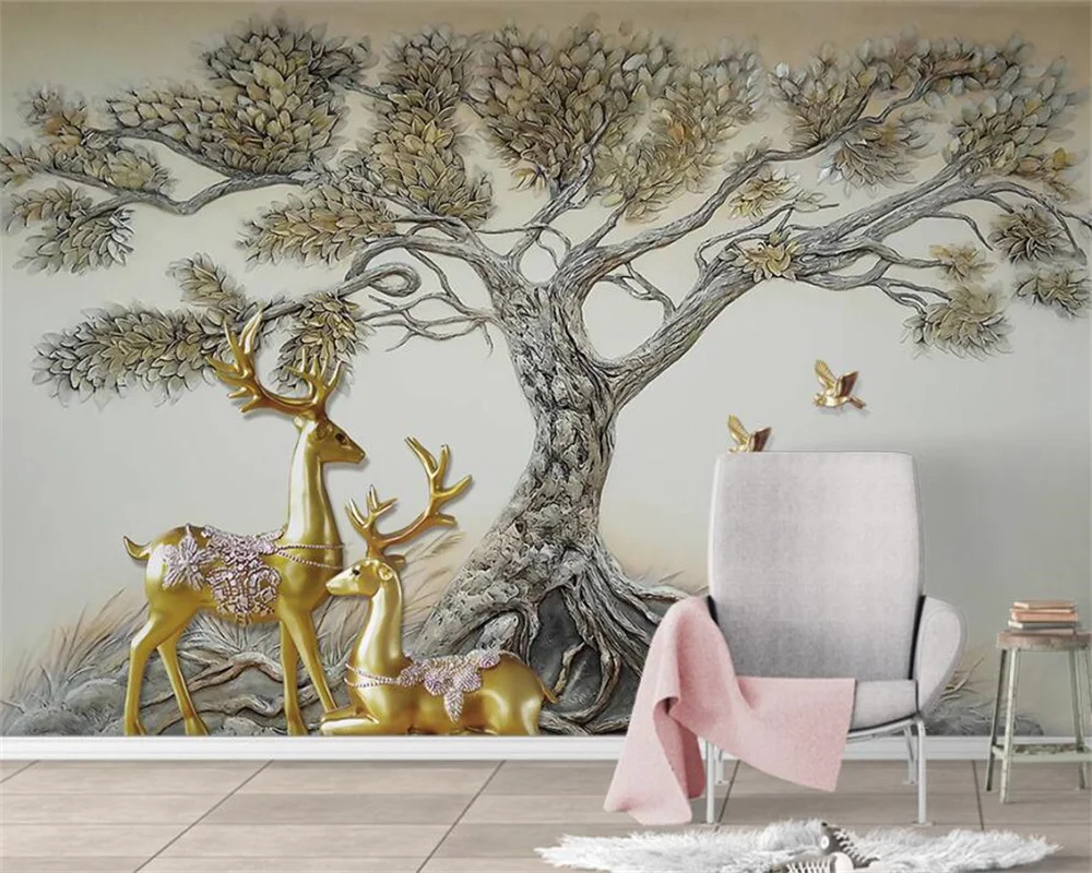 

Custom mural 3d relief big tree fortune deer TV background wall living room bedroom restaurant wallpaper papel pintado de pared
