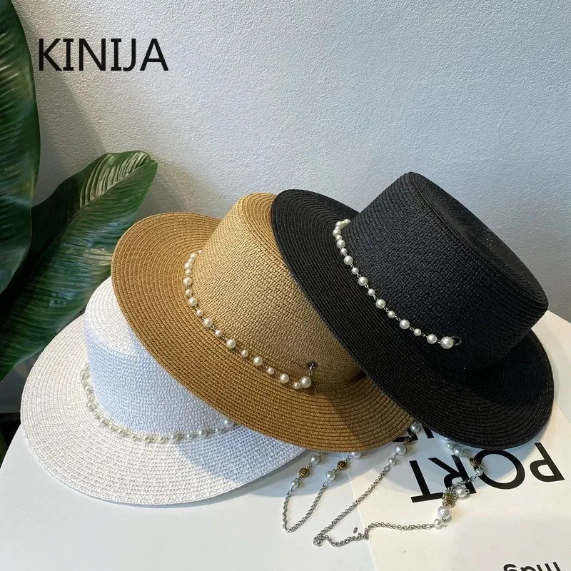 Eleganter Sommerhut mit Perlenkette für Damen, Chapeau Feminino Strohhut Panama mit breiter Krempe, UV-Schutz Strandhut, Mädchenhut Geschenk