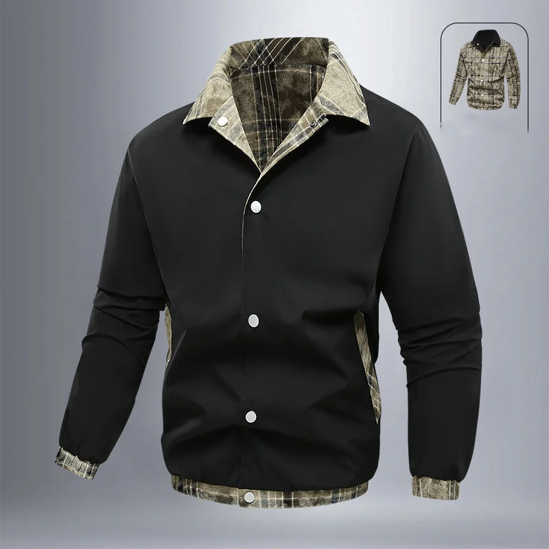 Autumn Men Jacket Fashion Plaid Turn Down Collar Male Two-sided Outerwear Single-breasted Long Sleeve Soft Versatile Man Coat