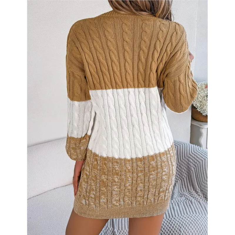 Women\'s Knitted Sweater Dress New Color Blocked Autumn And Winter Elegant Square Collar Button Long Sleeve Sweater Bag Hip Skirt