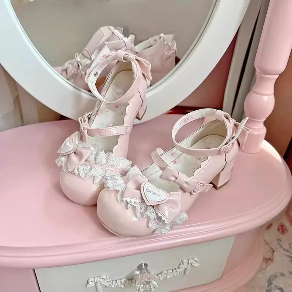 

Japanese Summer Lolita Medium Heel Pink Women Shoes Cute Princess JK Flat Bottom Uniform High Heels Platform Shoe Pumps