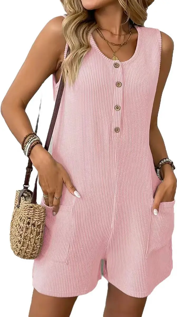 Kombinezony Seksowne Kostiumy Damskie Dekolt U Bez Rękawów Kombinezon na Ramiączkach Letni Damski Nowy Casualowy Kombinezon z Kieszeniami Zapinany na Pół Guzików do Pracy