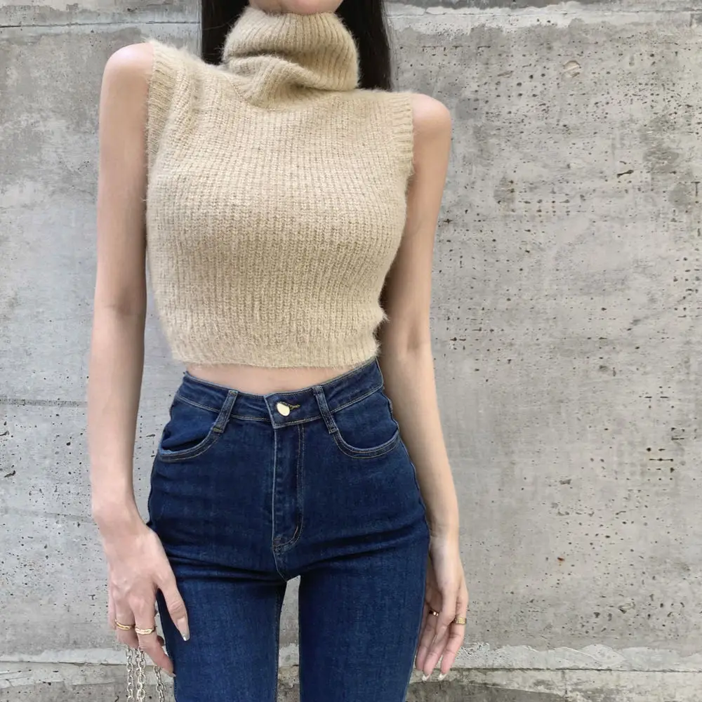 Wholesale Sleeveless Turtleneck Sweater Vest Base Slim Pullovers Women Faux Mink Cashmere Autumn Winter Short Solid Knitted Top