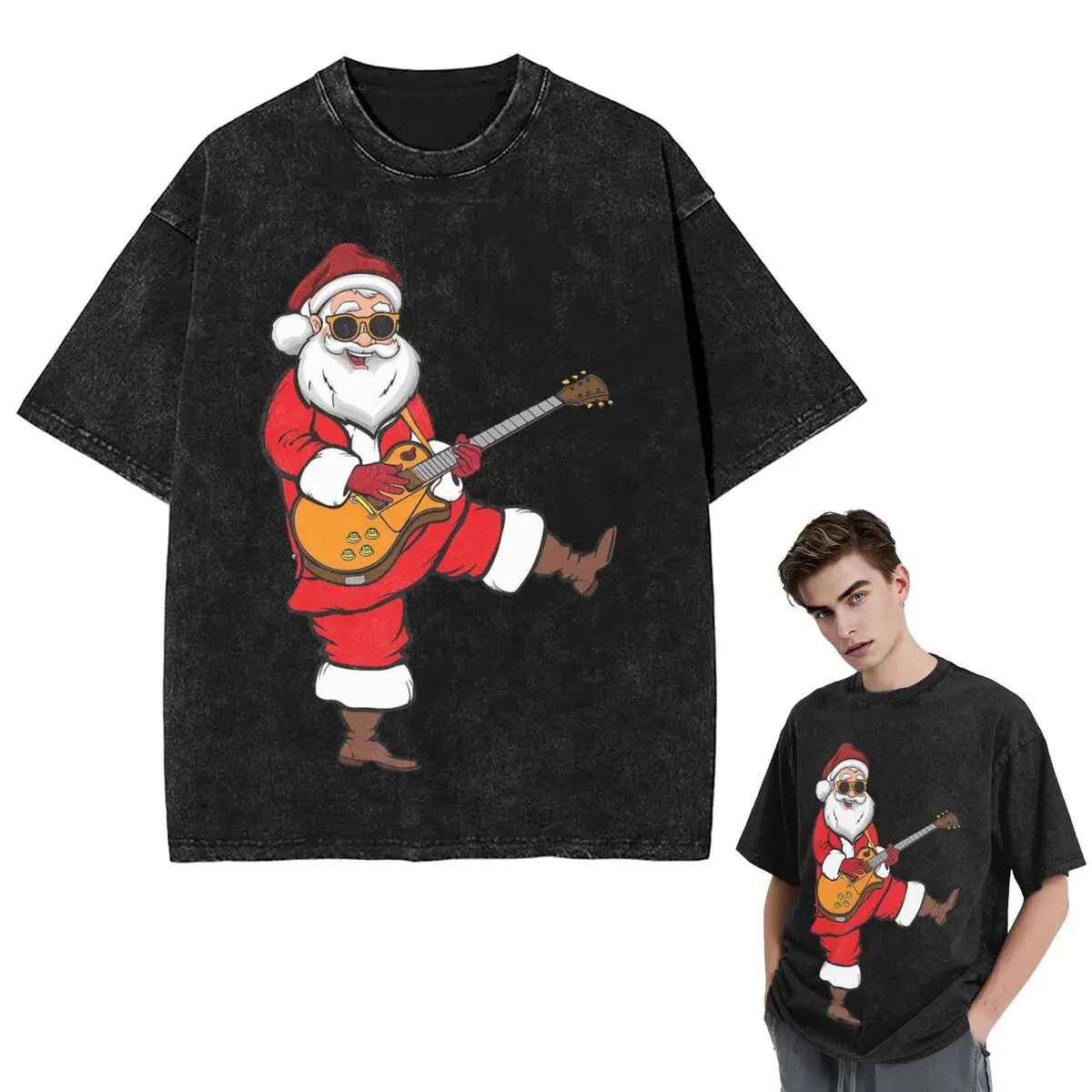 

Streetwear T-Shirts Guitar Christmas Hard Rock Santa Claus Guitarist Gift T Shirt Short Sleeve Hip Hop Tops Tees for Men Women