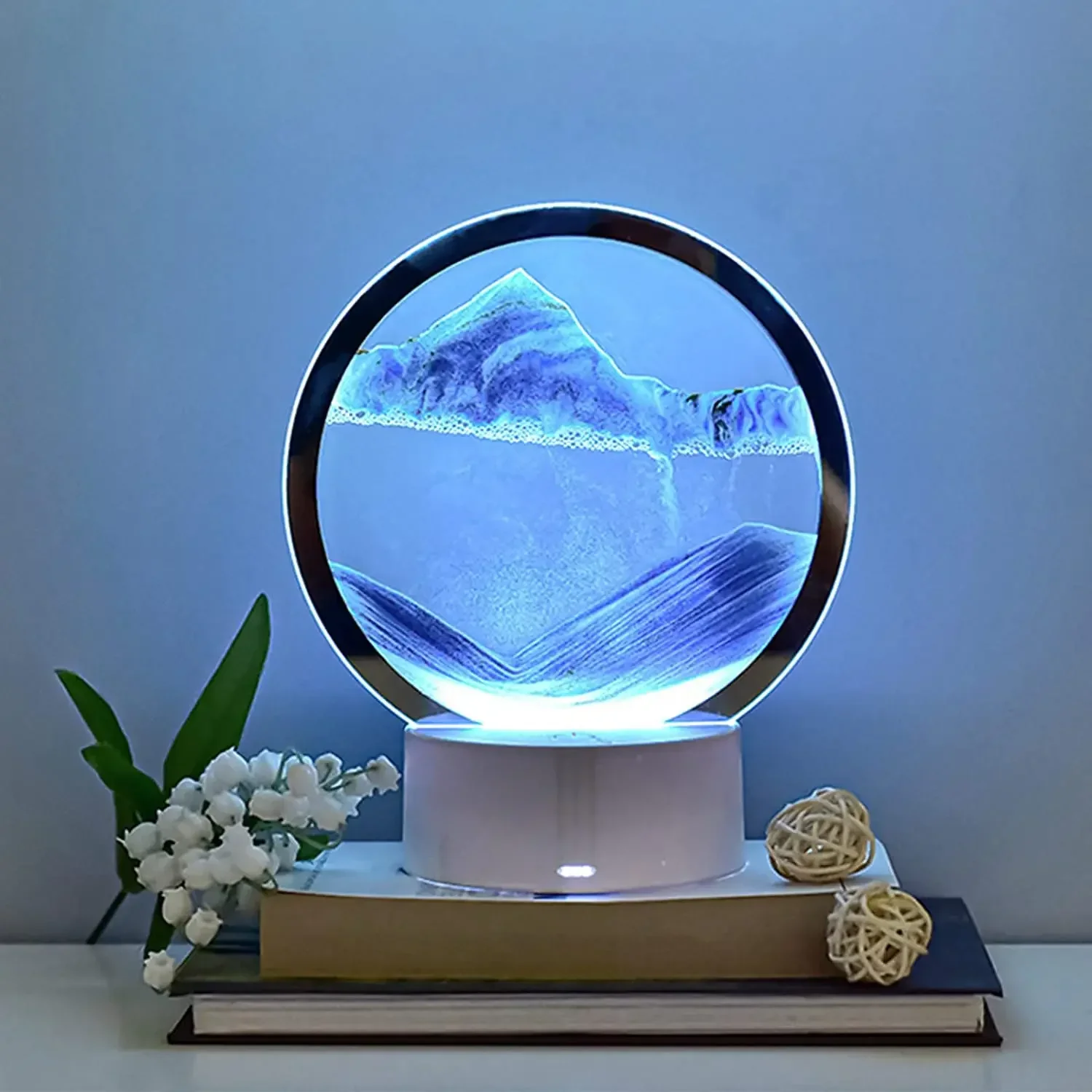 

LED Quicksand Painting Table Lamp 3D Art Sahara Moving Quick Sand Scene Dynamic Round Glass Hourglass Night Light Desktop Decor