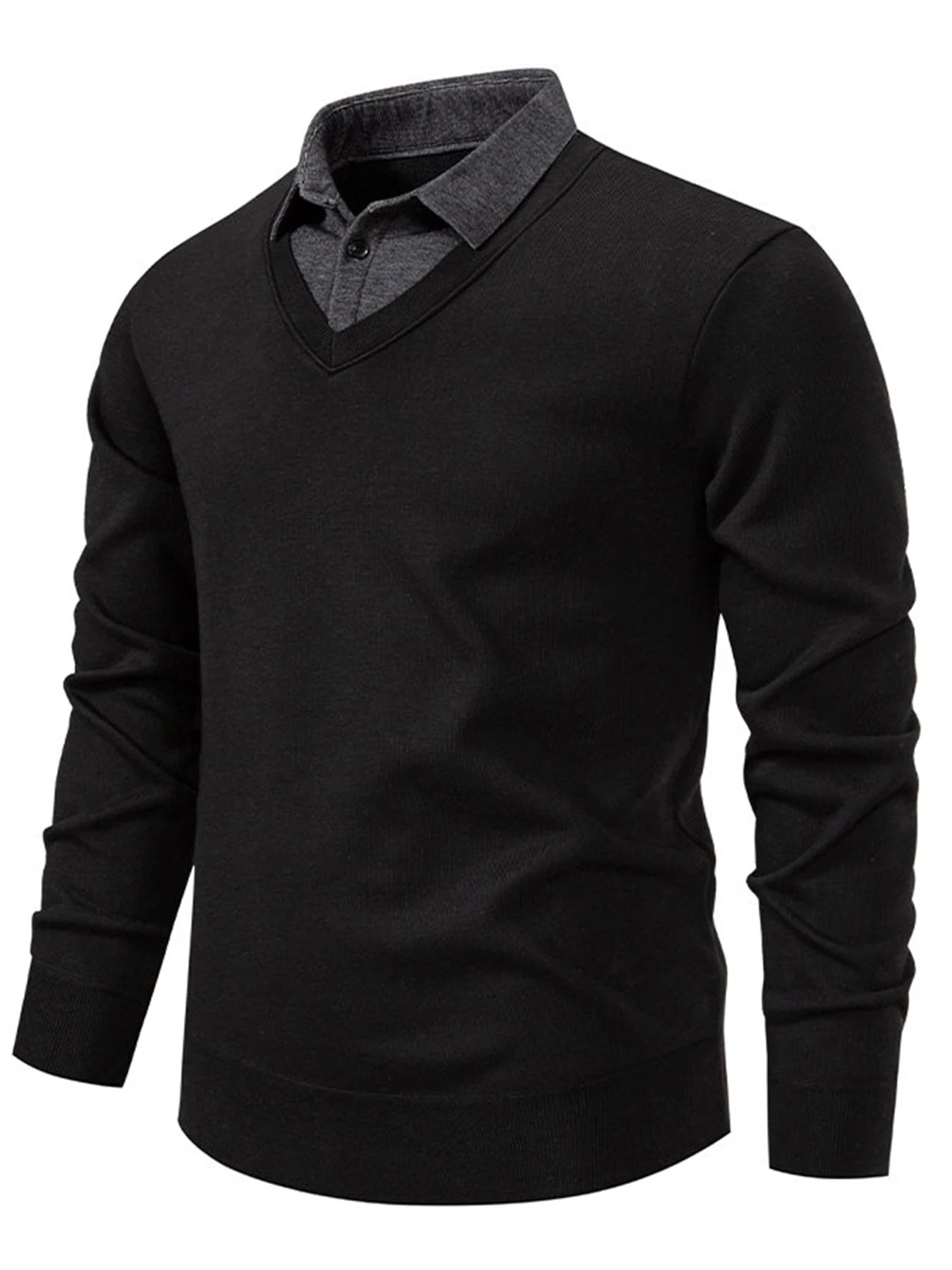 

Men's 2-in-1 Long Sleeve Polo Shirt, V Neck Fake Collar Knit Top, Casual Business Pullover for Daily Wear