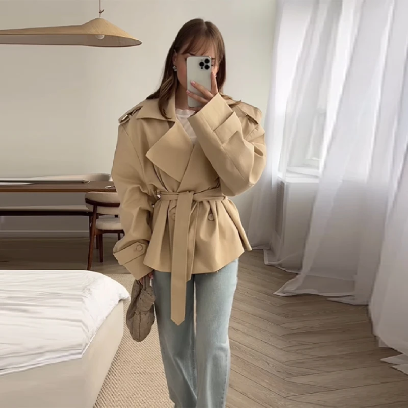 Französischer Minimalistischer Cropped Trenchcoat Büro-Gürteljacken Damen Oberbekleidung Lässig Schick Frühling Stilvolle Tägliche Mode-Outfits – Detail 5