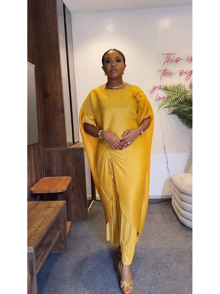EGRM New Miyaki Pleated Pants Set Three-dimensional Flower Batwing Sleeve Long Dress And Wide Leg Pants Two Pieces Sets 9R6175 - Image 2