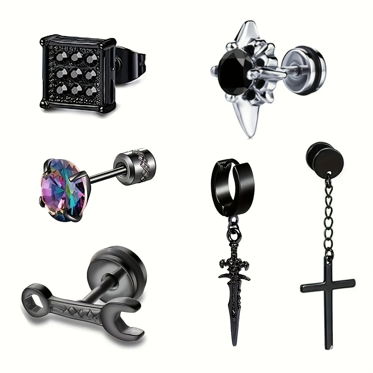 2/6pcs Unisex Fashion Black Stainless Steel Pendant Cross Wrench CZ Stud Earrings for Men Women Daily Personality Ear Jewelry