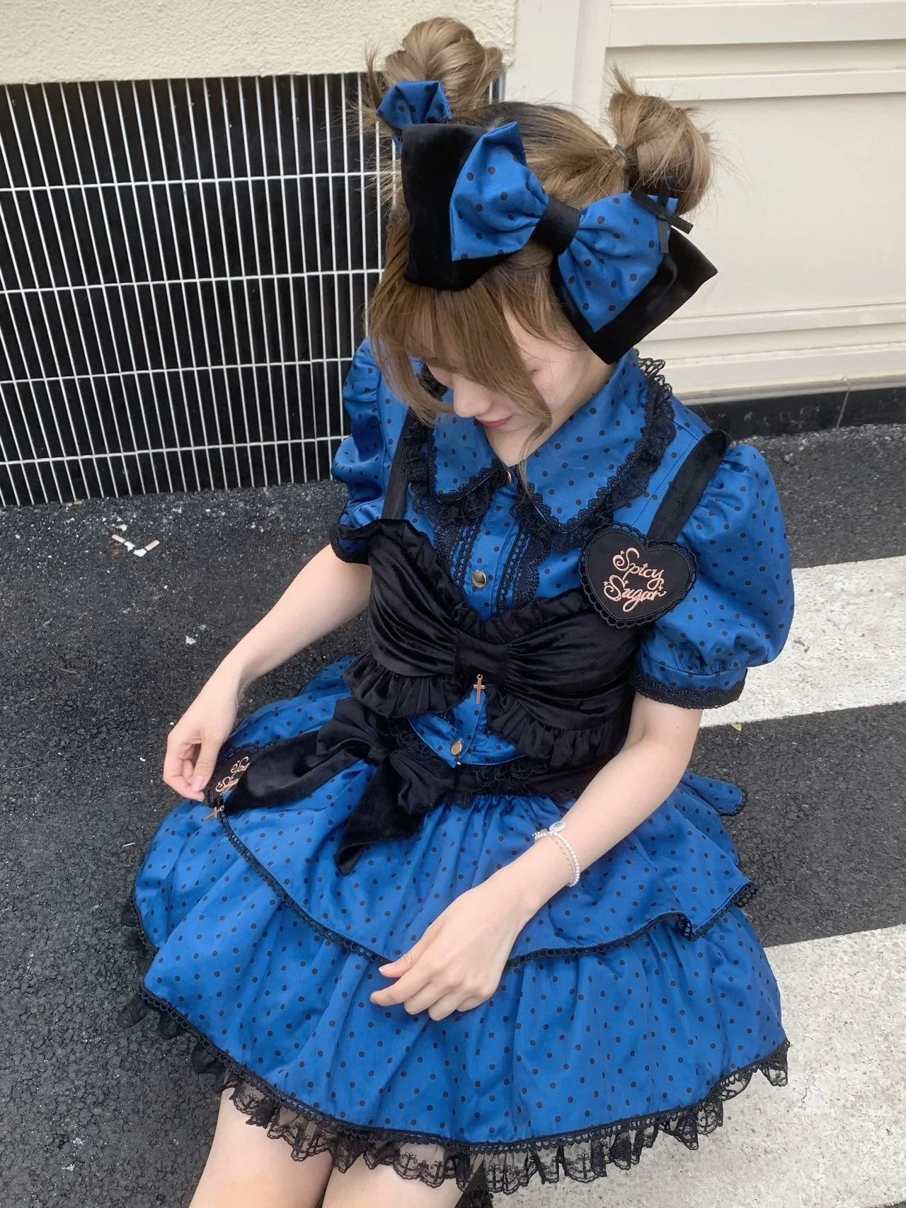 Japanese Gothic Lolita Dress Women Kawaii Bow Bear Lace Blue Dress Long Sleeve Princess Dress Halloween Costume Gift For Girls