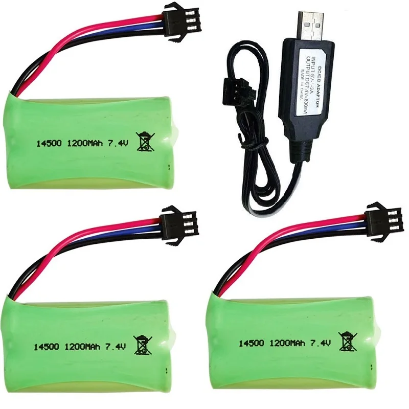 

14500 7.4V 1200mAh Li-ion Battery SM-3P Plug For Remote Control water bullet gun Toys RC Parts 2S 7.4V Battery + USB Charger