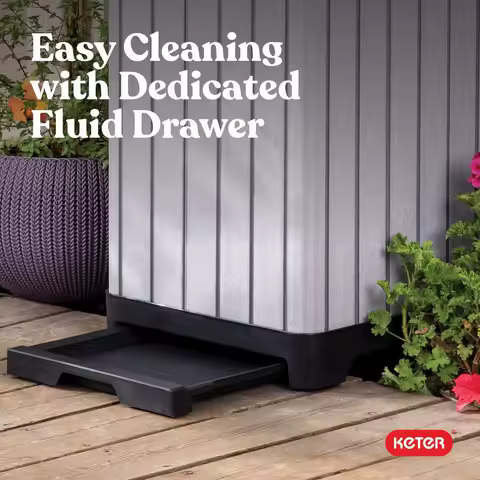 Rockford Resin 38 Gallon Outdoor Kitchen Trash Can with Lid and Drip Tray for Easy CleaningPerfect for Patio Dining, Grey