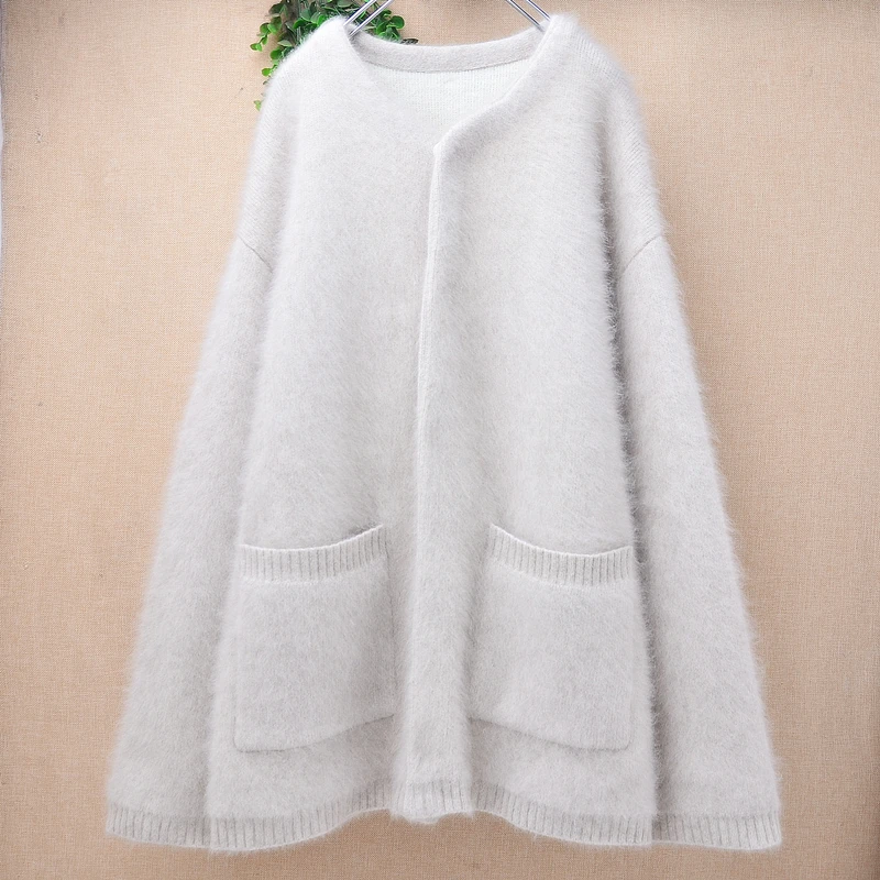 Heavy Thick Women Mujer Autumn Winter Hairy Mink Cashmere Knitted Long Sleeves Loose Warm Angora Cardigans Sweater Coat Pull Top