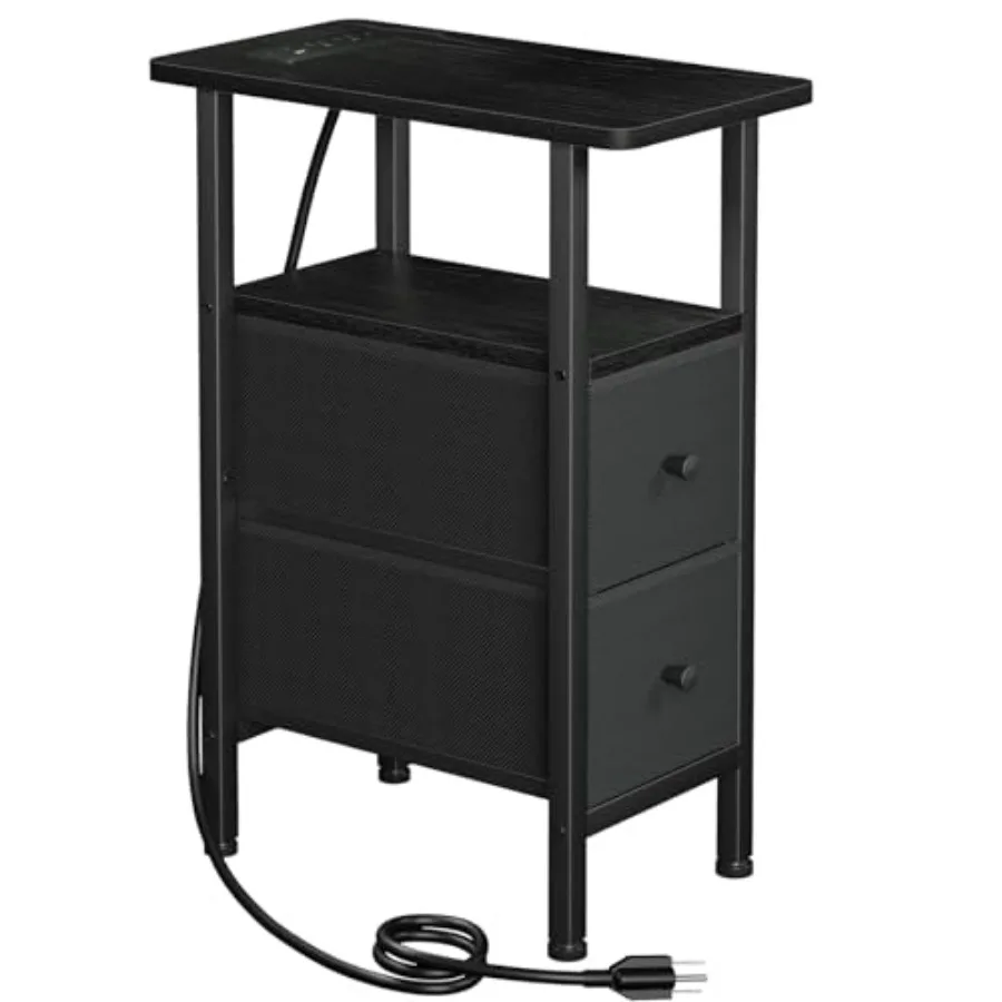 

Narrow end table for living room with charging station, black fabric-drawer skinny side table, slim nightstand for bedroom and