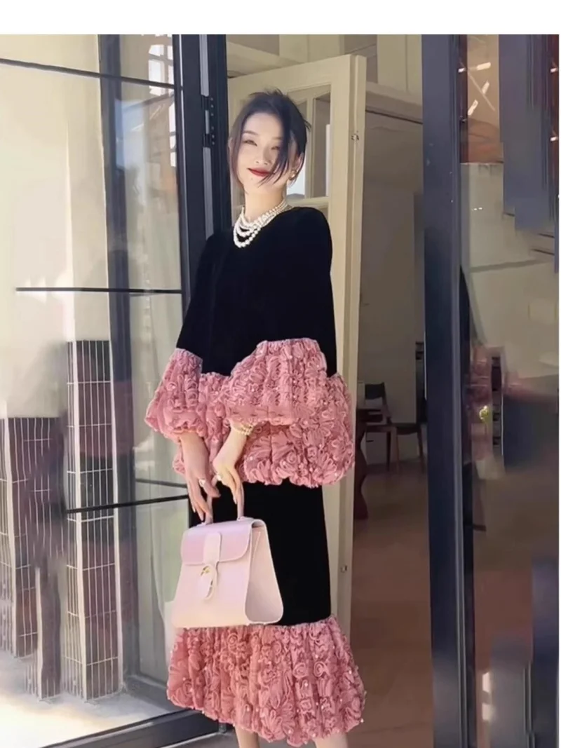 Plush Thicken Warm Warm Autumn And Winter Outfit, Fashion Spliced Black Velvet Suit Skirt + Shirt Two Piece Set w1493