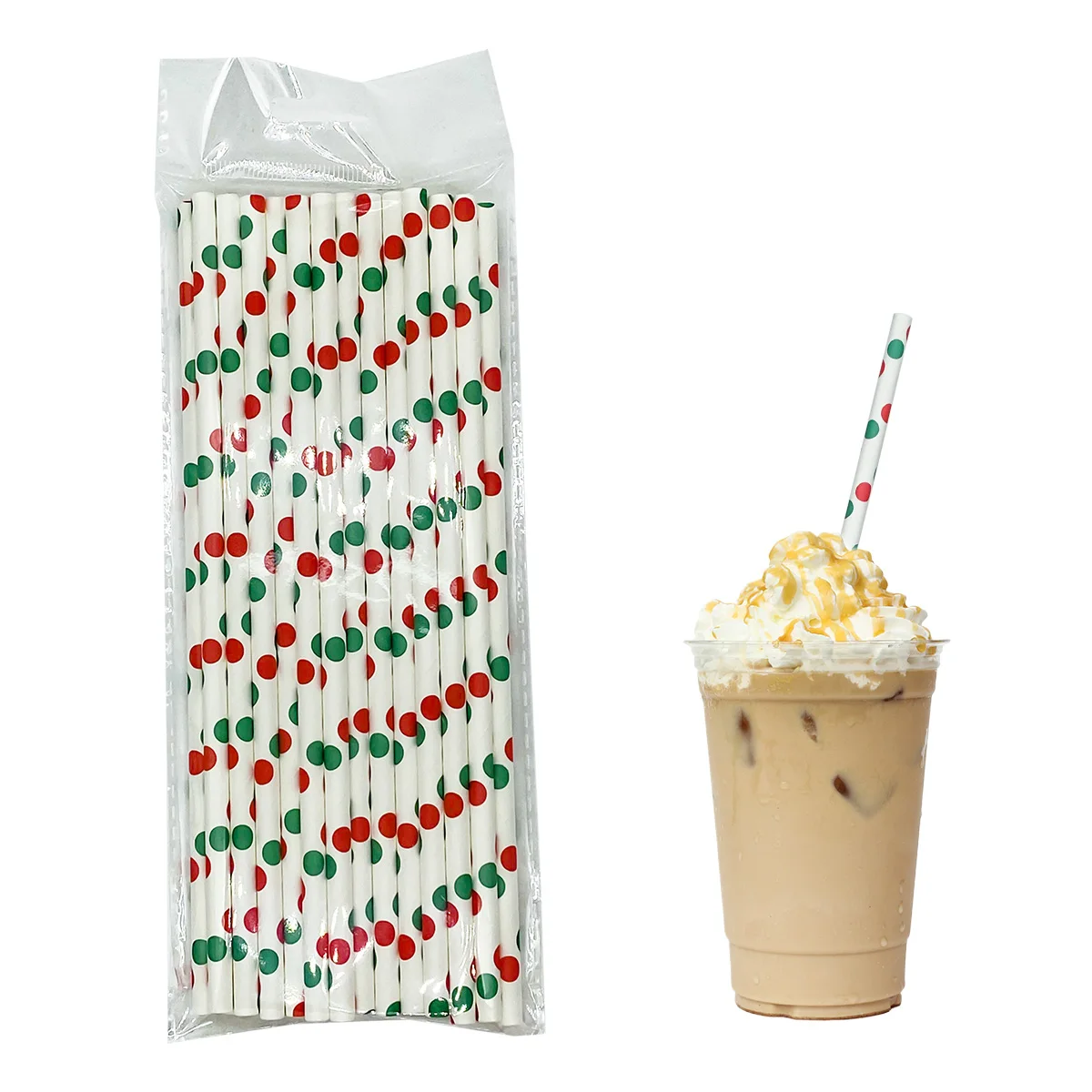 Pajitas de papel biodegradables navideñas de 7,75 pulgadas con puntos rojos y verdes, compostables de calidad alimentaria para fiestas, paquete a granel de bebidas de cacao caliente