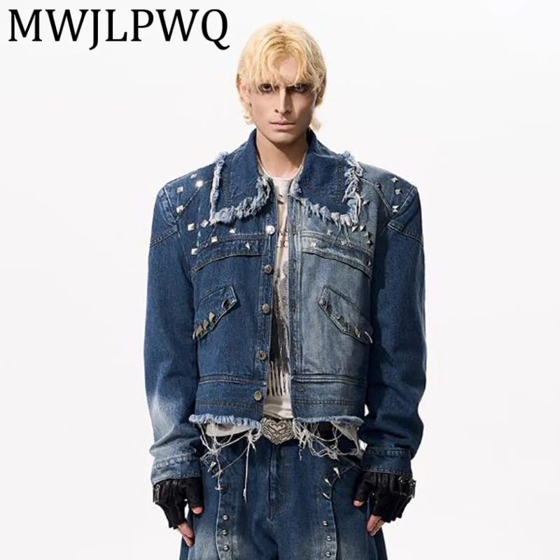 

MWJLPWQ Джинсовая куртка с металлическими заклепками для мужчин, уличная осенняя уличная ниша с лацканами и потертыми краями, винтажные модные элегантные топы 12131