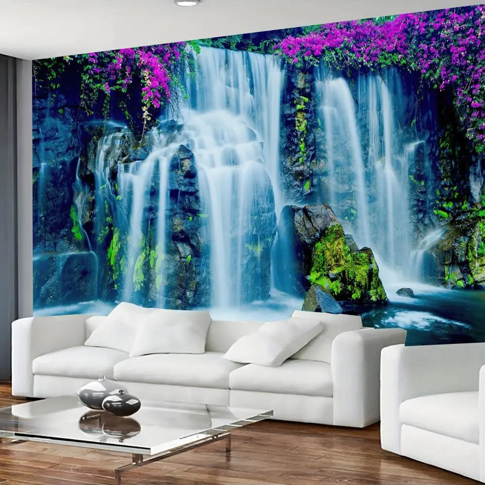 Waterfall Tapestry Purple Forest Wild Flowers Floral Mountain Jungle Plants Nature Landscape Wall Hanging Bedroom Living Room