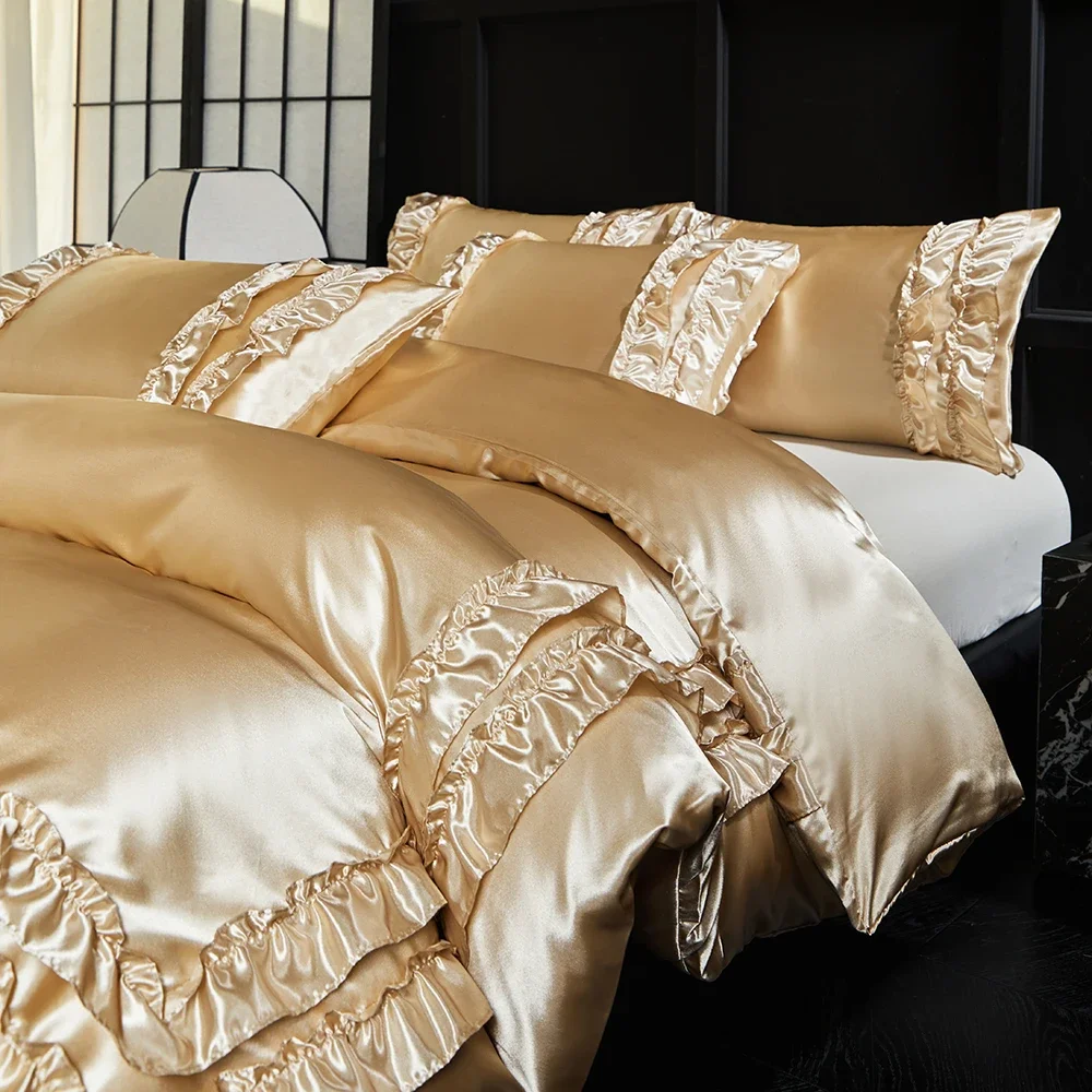 Luxury Satin Double-layered Ruffles Bedding Set Queen Soft Smooth Duvet Cover and Pillowcase Silky Single Double Comforter Cove