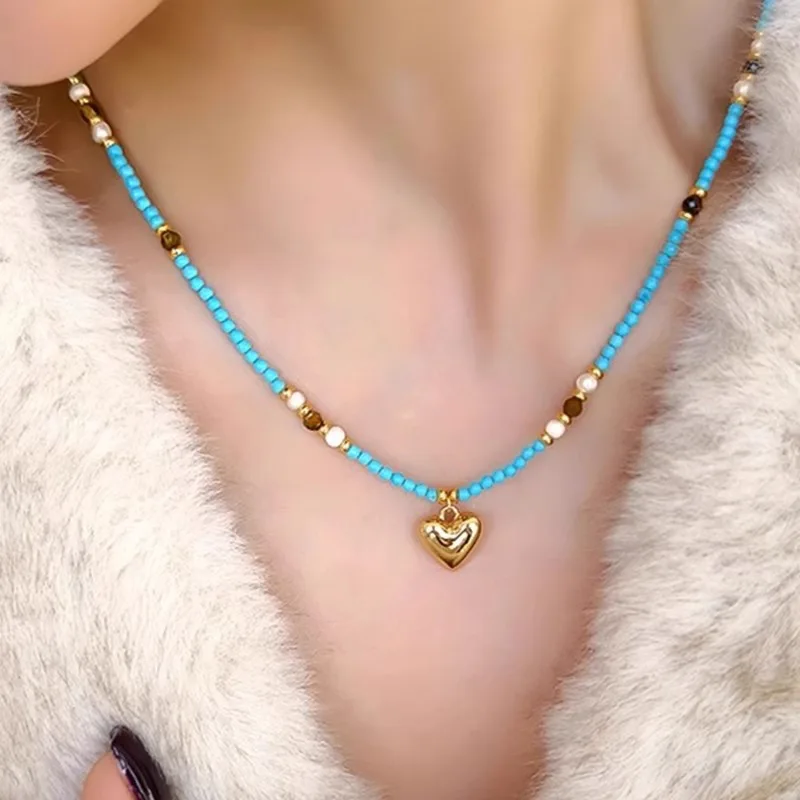 

French Natural Stone Tigereye Blue Turquoise Simulated Pearl Beads Strand Heart Pendant Necklaces for Women Gold Choker