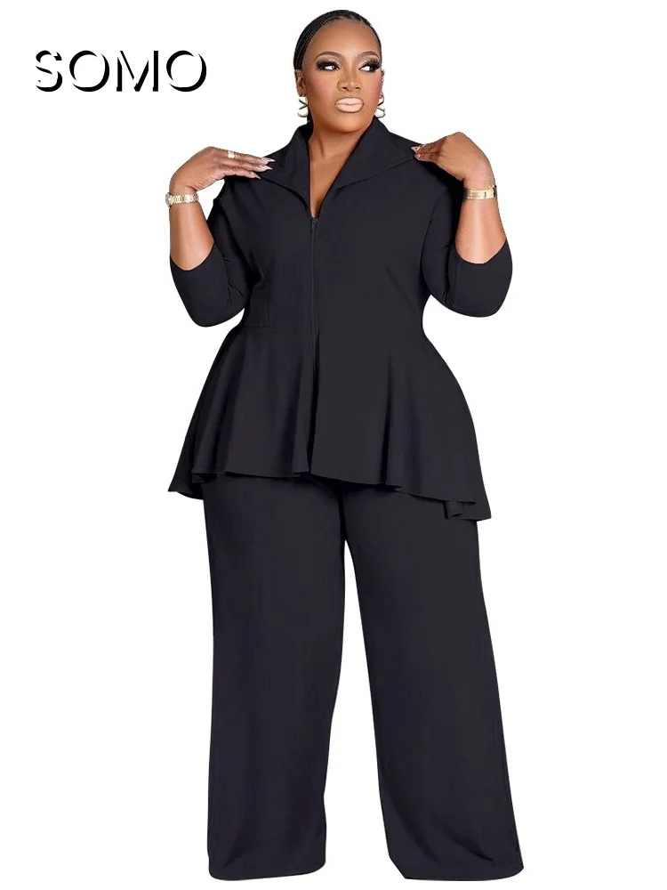 SOMO-Ensemble 2 pièces grande taille pour femme, fermeture éclair, col à revers, pantalon large, manches longues, solide, document, loisirs, trempé, bureau, dame, slim, 2024