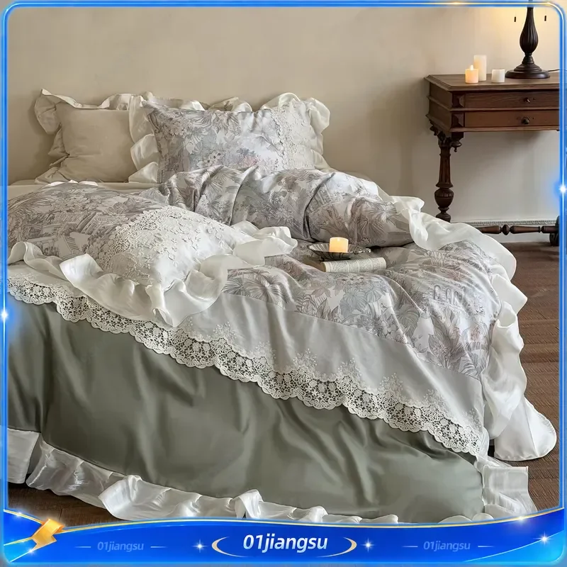 4Pcs French Romantic Floral Egyptian Cotton Bedding Set Lace Edge Duvet Cover Flat Fitted Sheet Pillowcases Luxury Home