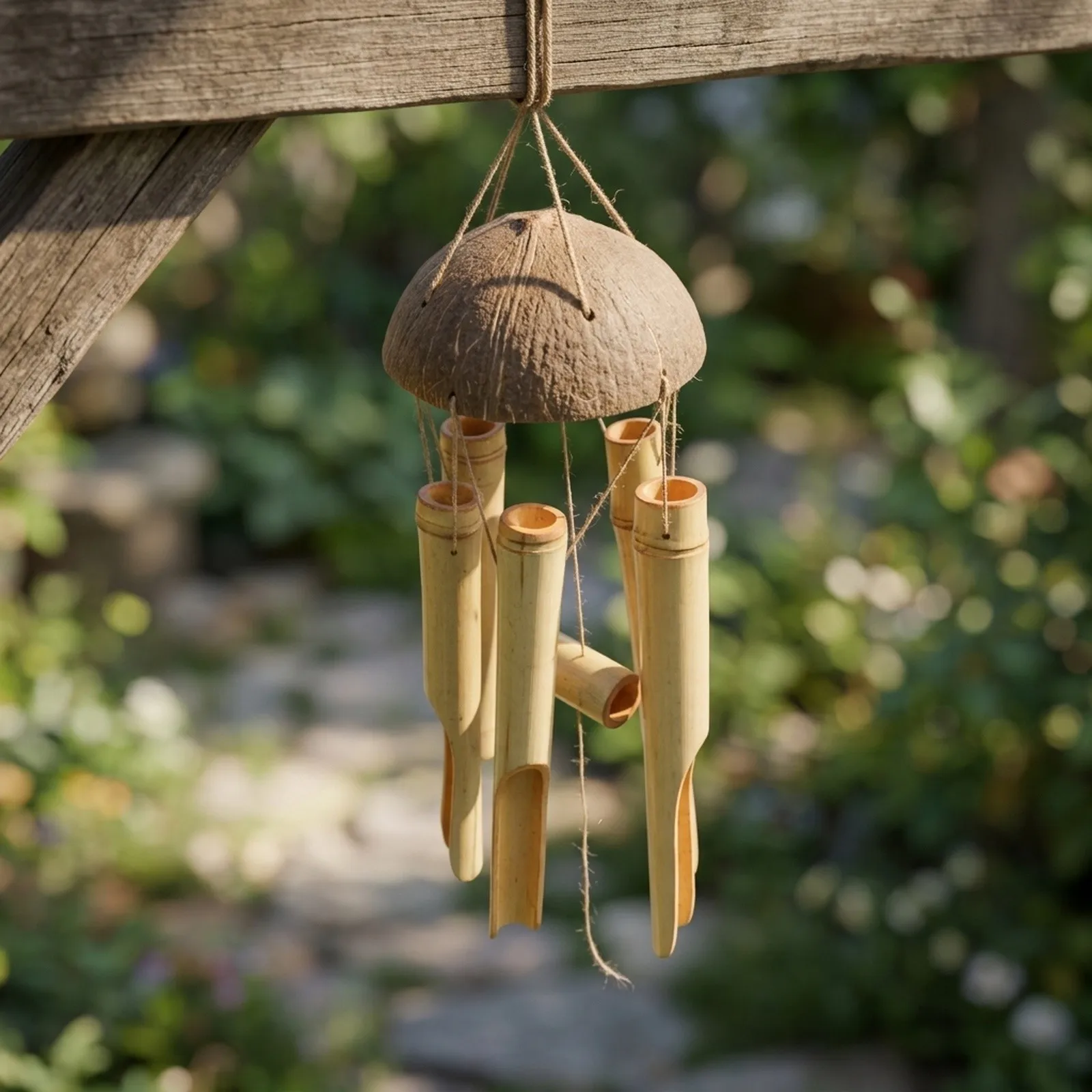 25-Inch Wind Chimes with Mellow Deep Tone for Garden Porch Balcony or Living Room Half Coconut Wood Accent and Five Bells
