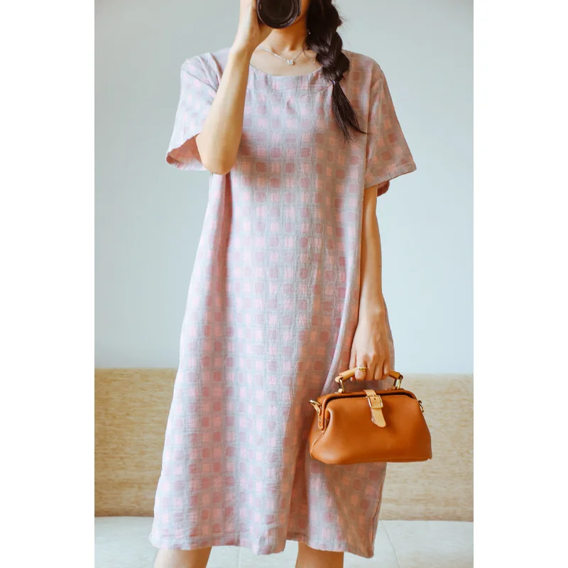 2024 New Summer Short Sleeve Sleeping Skirt 100% Cotton Yarn Weaving Jacquard Loose Pullover Mid length Plaid Skirt Home Dress