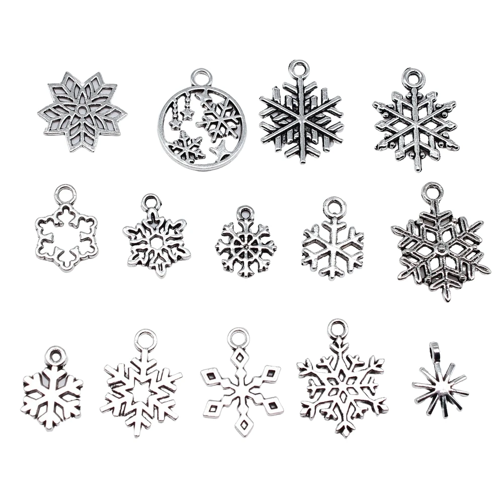 20pcs Metal Zinc Alloy Mix Sizes Snowflakes Charms Fit Jewelry Christmas Pendant Makings DIY Handmade Craft