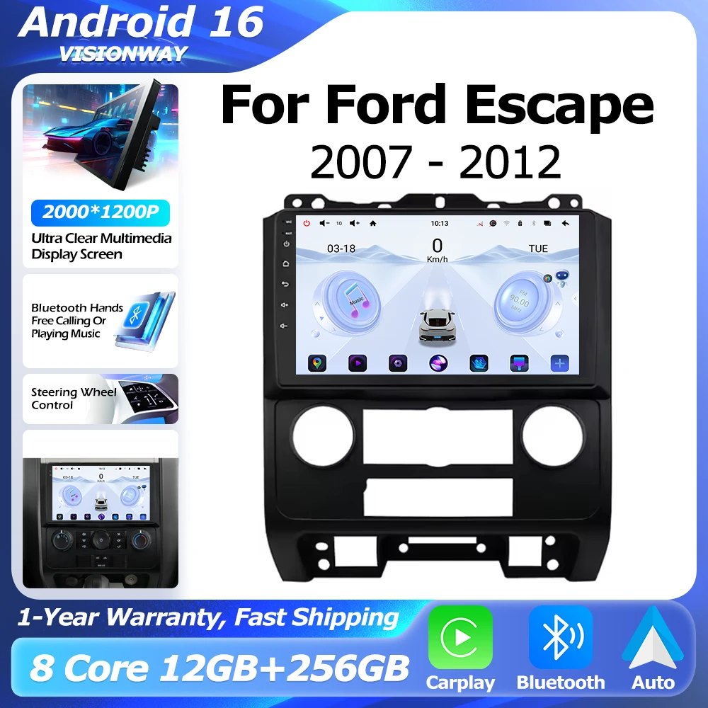 Android 16 QLED 2000*1200P 8 Core For Ford Escape 2007-2012 GPS Navigation Multimedia Player Auto Wireless CarPlay WIFI 4G BT