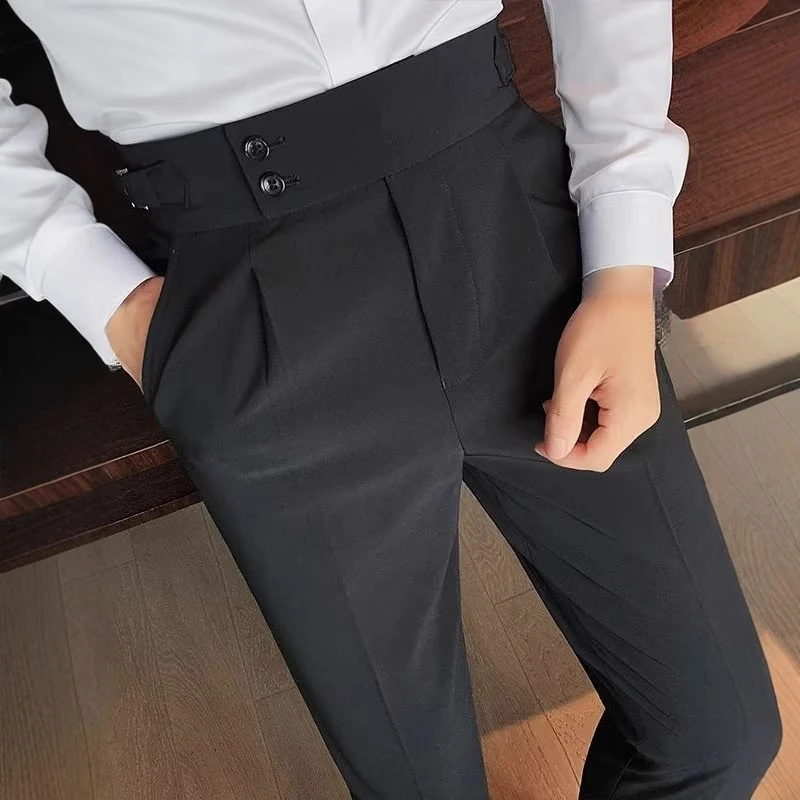 2026 Spring Summer Men White High Waist Straight Pants, Double Buckle Belt Slim Fit Korean Style Business Casual Trousers view 3