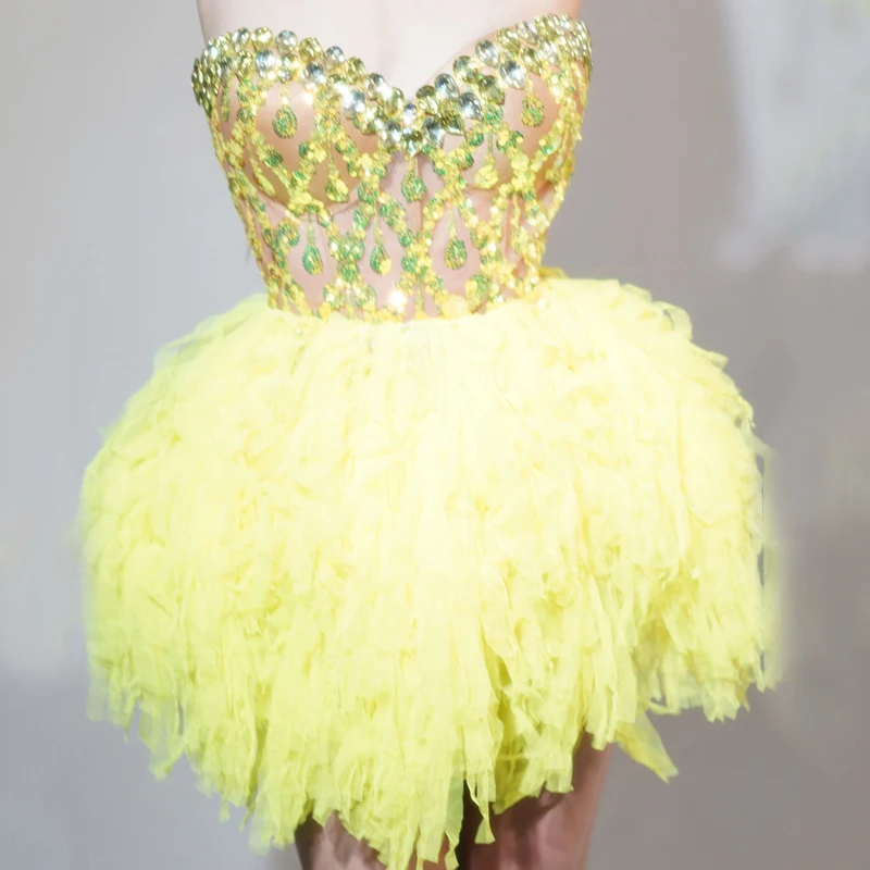 Sukienka damska z fluorescencyjnych żółtych cekinów, koronkowa, na imprezę, festiwal, suknia wieczorowa, strój sceniczny dla piosenkarki barowej, XS9976