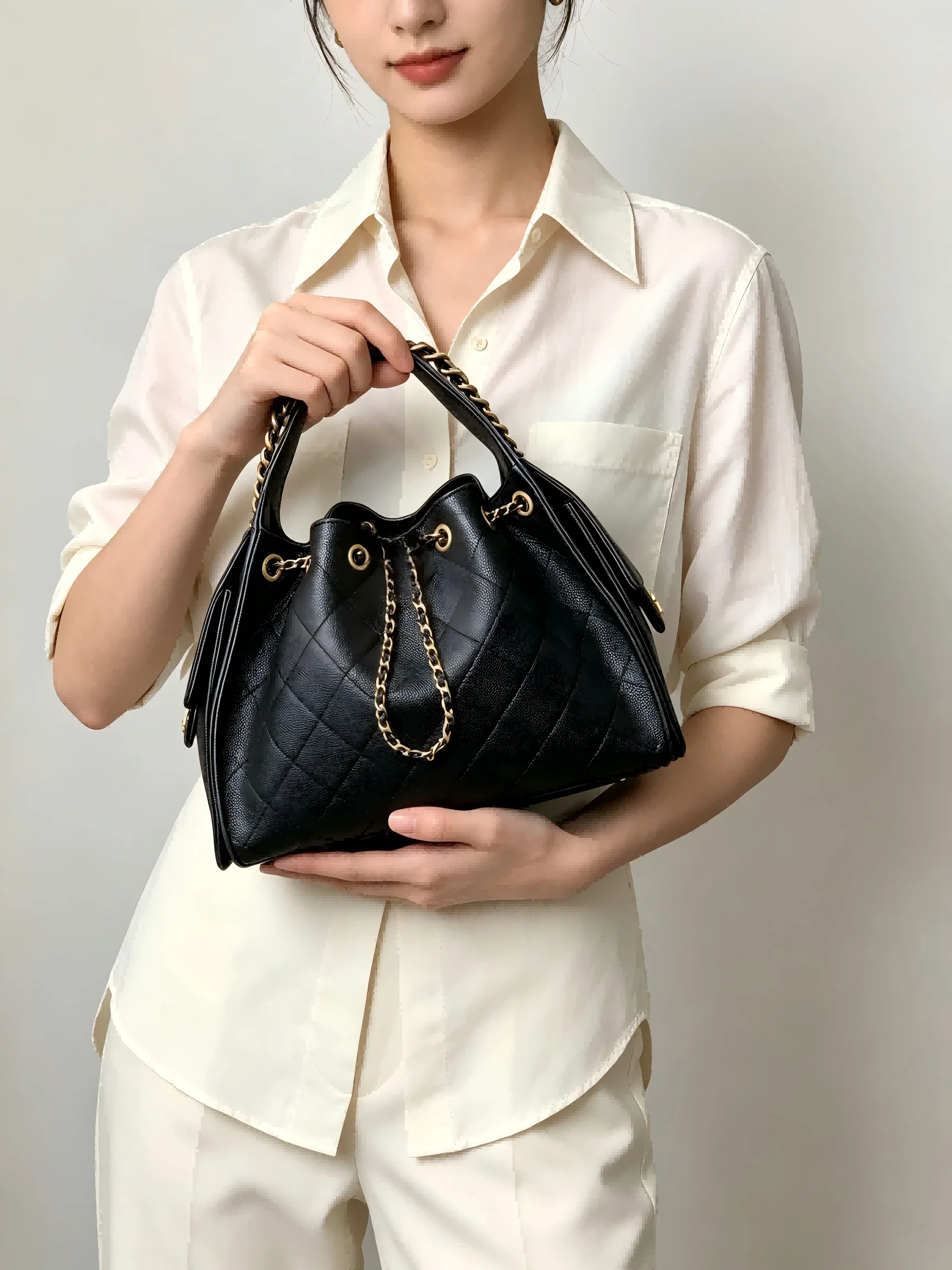Versatile Daily Real Leather Diamond Lattice Chain Bag Elegant Women Handbag