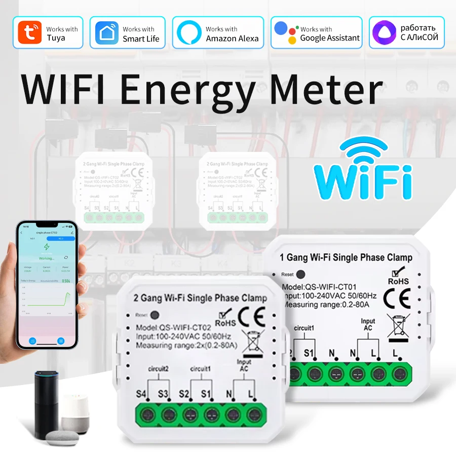 

Умный Wi-Fi счетчик энергии, датчик тока - светодиодное освещение/солнечный монитор KWH, 100–240 В, статистика в реальном времени и трекер энергопотребления