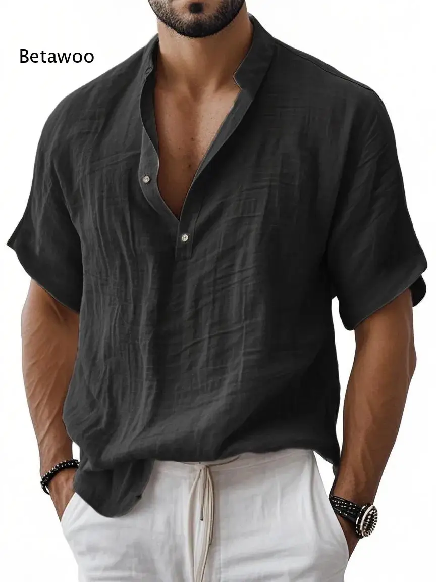 Stylish Men Henley Collar Short Sleeve Pullover Shirt Partial Button Closure Loose Fit Top For Travel And Casual Daily Looks