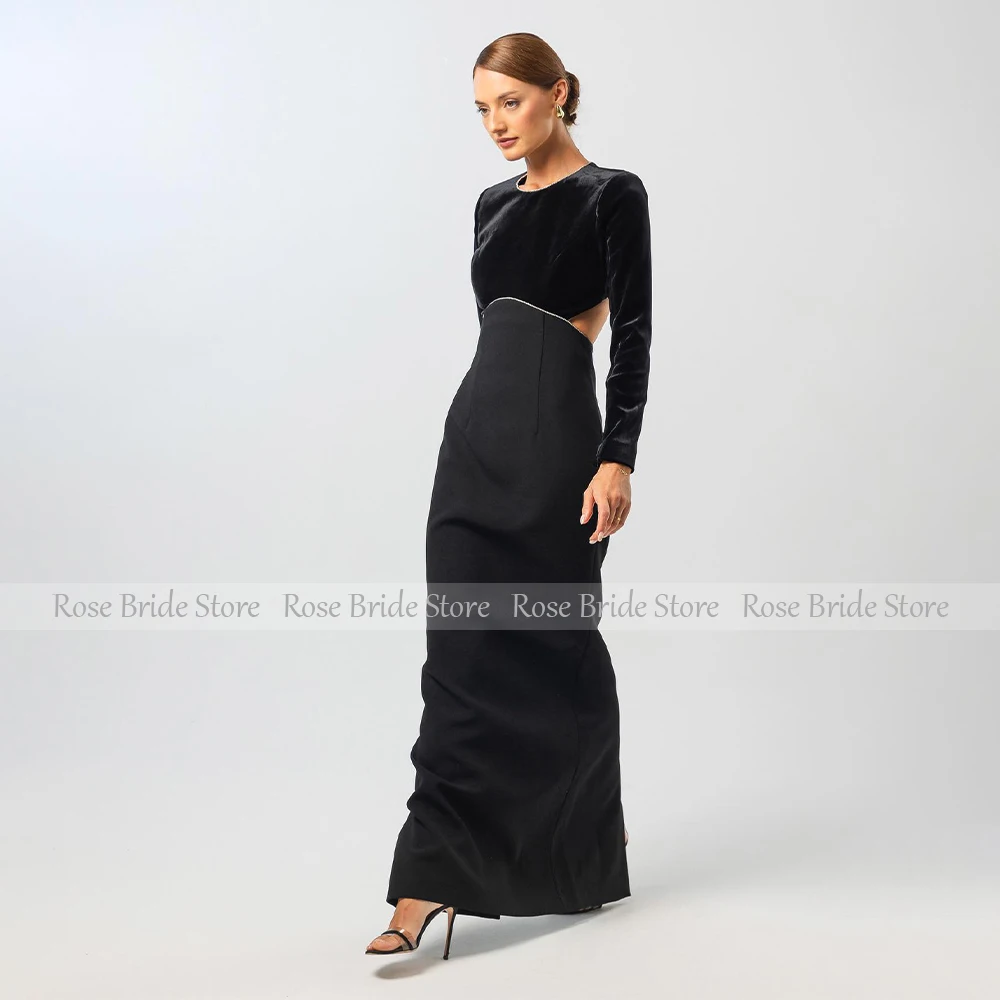 Elegant Formal Evening Dress Black Velvet Long Sleeves Column Evening Gowns for Women 2024 Open Back Floor Length Party Dresses