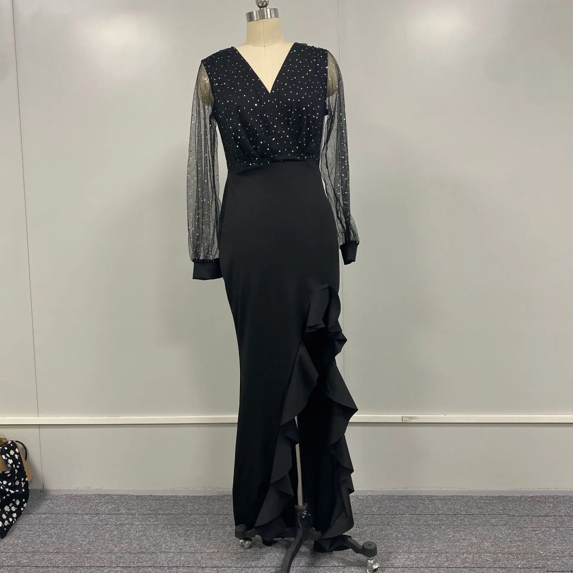 Bla Sequin Me Long Dr Vrouwen Sexy Par Rok Bodycon Street Sle V-ne Midi Dr Polyester Zomerseizoen