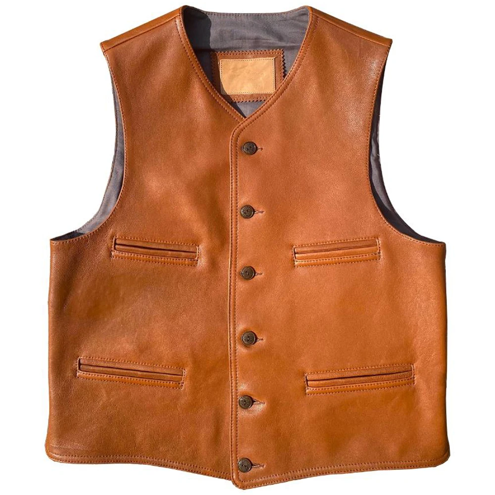 

American Fashion Sheepskin Waistcoat Vintage Brown Vest Summer Men's Top Tanks Real Sheep Leather Mans Weskit Vests Workwear