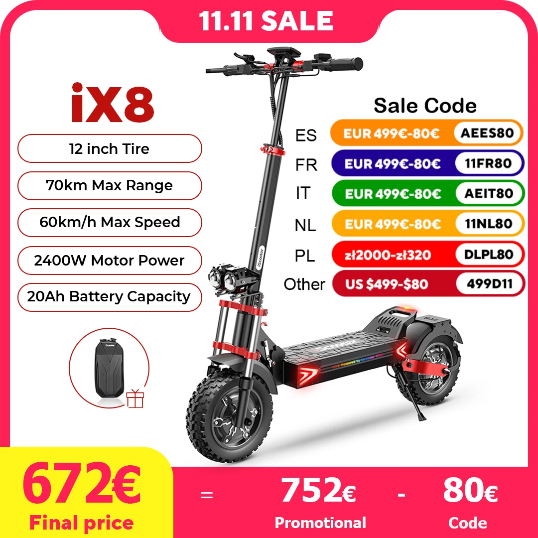 iScooter iX8 12 inch Electric Scooter 2400W Dual Motor Off Road Scooters 20Ah 60km/h Adult Powerful Electric Kick Scooter