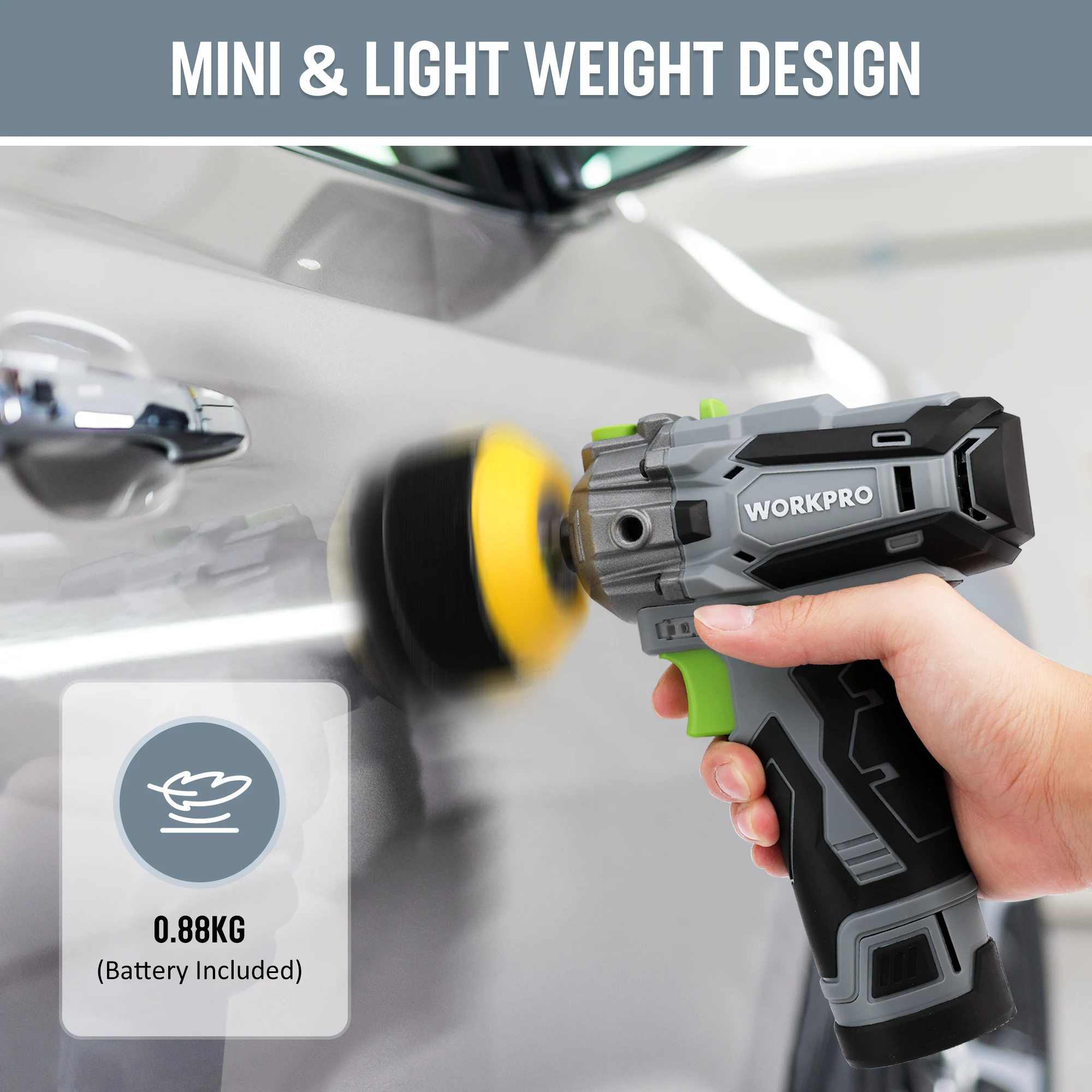 WORKPRO-12V 무선 미니 자동차 디테일링 폴리셔 스크래치 킬러, RO DA 기계 디테일링, 3 인치 패드 액세서리 2 배터리