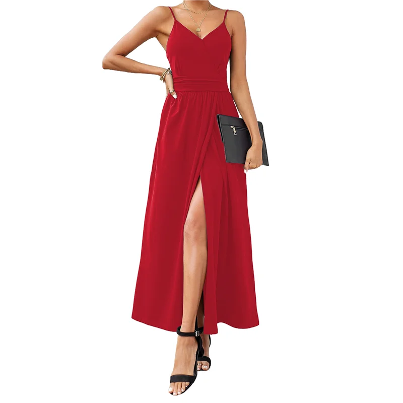 ABRT-Vestito lungo estivo da donna per le vacanze con cinturino per spaghetti floreale Primavera Casual Boho Split Beach Vestito estivo lungo e fluido